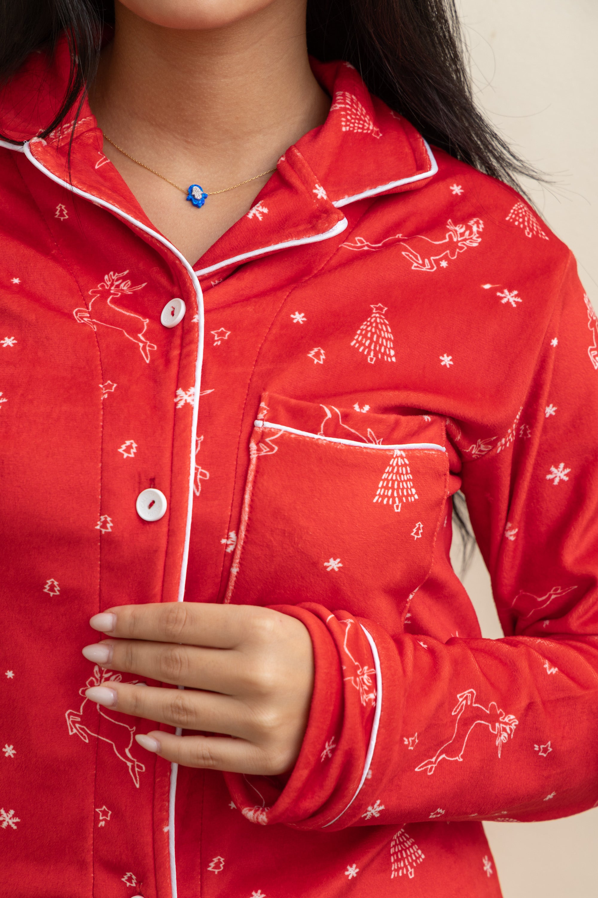 Image of Red Velvet-Touch Christmas Buttoned Pajama